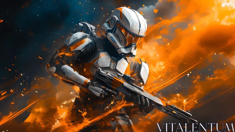 Armored sci‑fi trooper in volatile orange combat nebula.