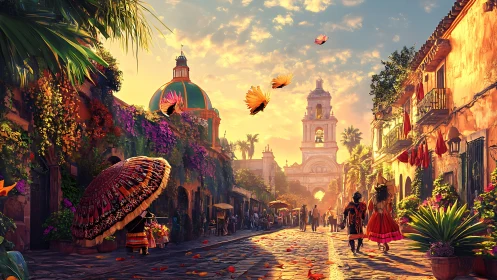Sunlit colonial street with festival dancers and flowers.