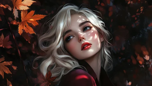 Autumn light on blonde woman amid falling red leaves.