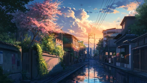 Sunlit sakura street reflecting sunset after rain.