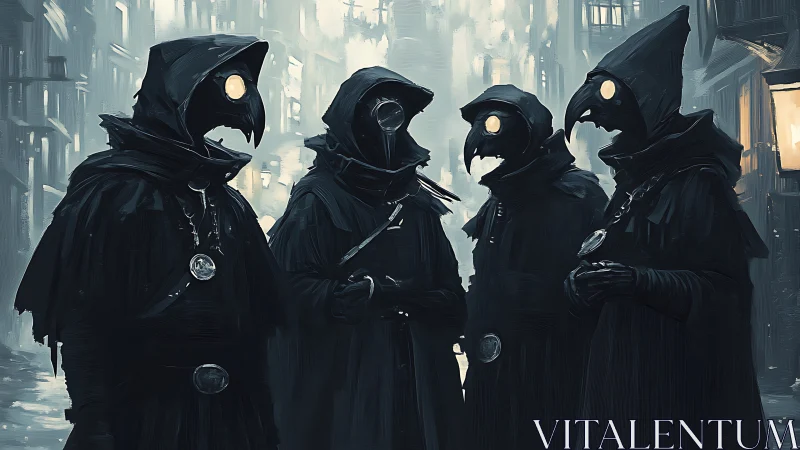 Four plague doctor figures in hooded cloaks on misty street.