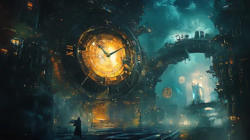 Central luminous clock dominates dense futuristic cityscape