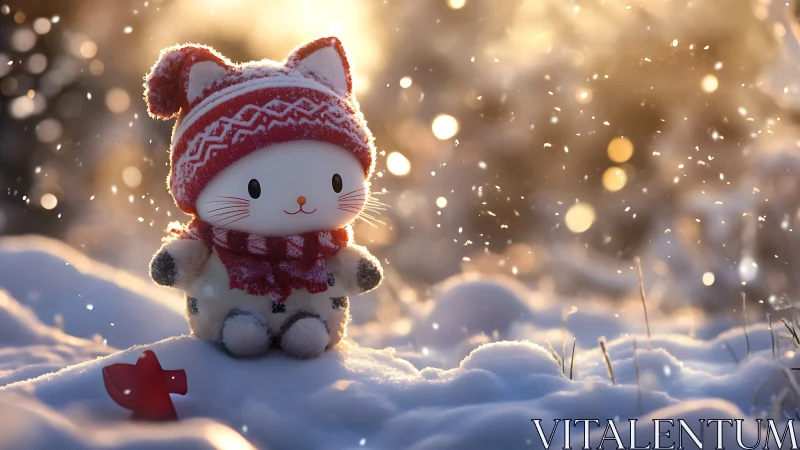Stylized white cat figurine wearing red knit winter hat in snowy scene