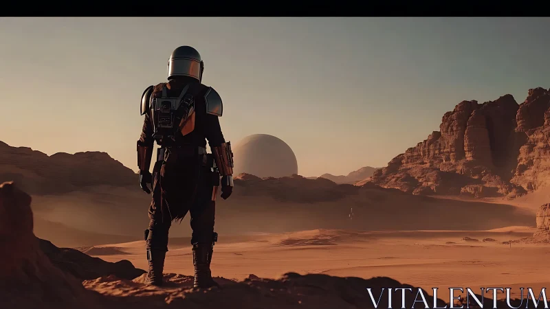 Lone chrome wanderer surveying twin-sunned desert frontier.