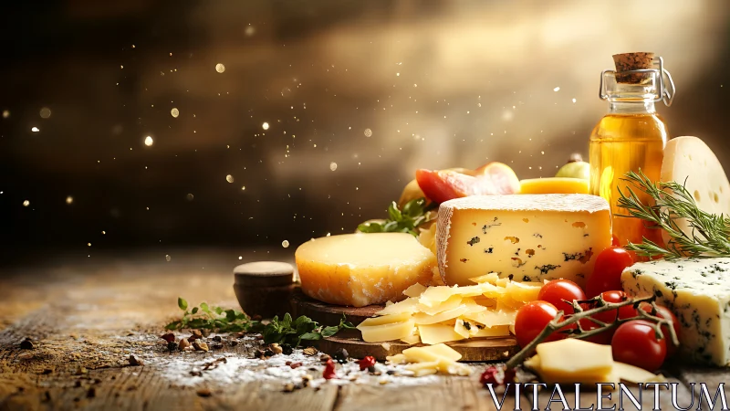 Rustic gourmet cheese board with herbs, tomatoes and olive oil