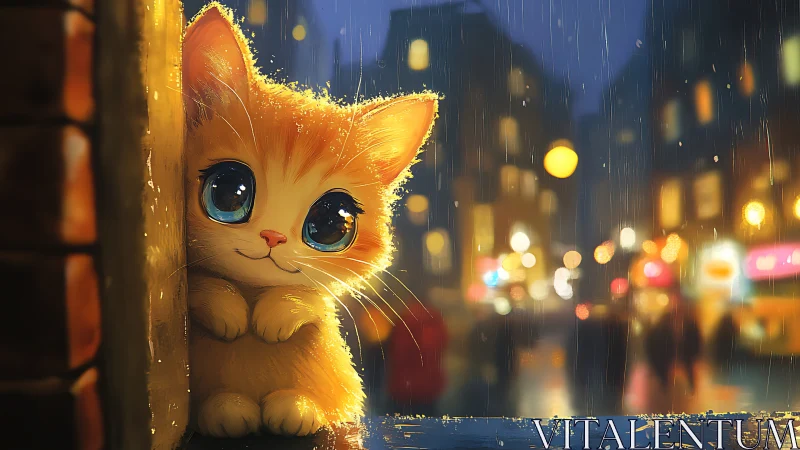 Luminescent Feline Character in Nocturnal Urban Rain Environment