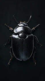 Metallic black beetle macro on deep matte background.