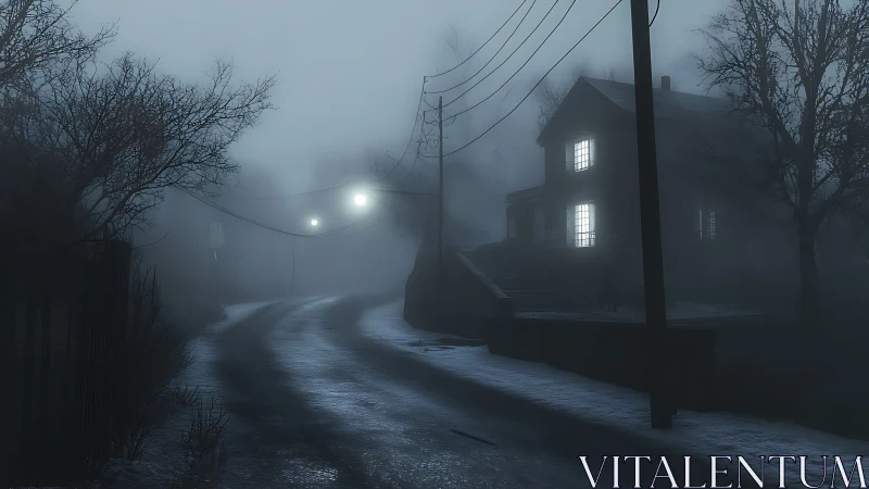 Fog-drowned country road curls past a lone watching house.