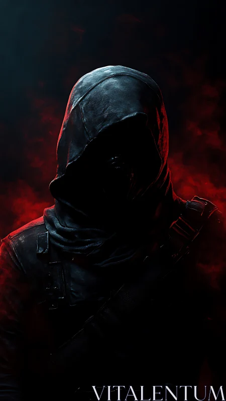 Hooded figure in dark clothing amid red atmospheric smoke.