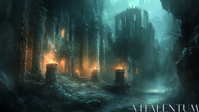 Forsaken stone citadel glows with eerie turquoise fire.