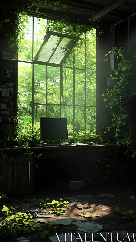 Abandoned vine-covered office absorbs diffuse forest light