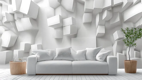 Minimalist white sofa against geometric 3D cube wall.