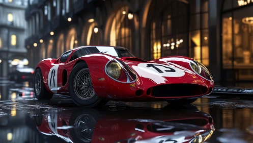 Wet-street render of classic red racing coupe with reflective bodywork.