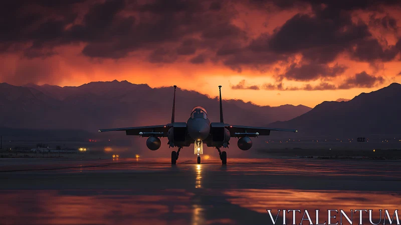 Jet fighter on wet runway under dramatic sunset sky.