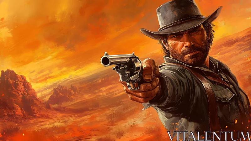 Ballistic perspective of gunslinger in incandescent desert atmosphere.