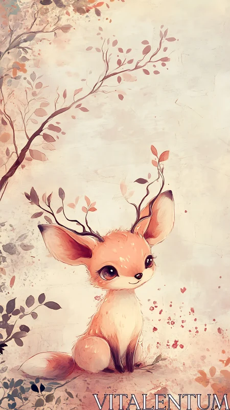 Whimsical antlered foxling in pastel woodland digital painting.