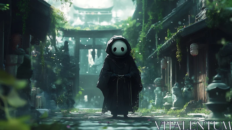 Masked wraith in mossy shrine corridor with cinematic volumetrics.