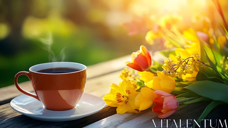 Steaming Coffee Cup with Spring Flowers in Morning Light