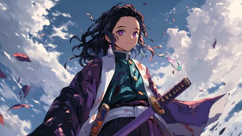 Young anime swordsman under dramatic sky with petals.