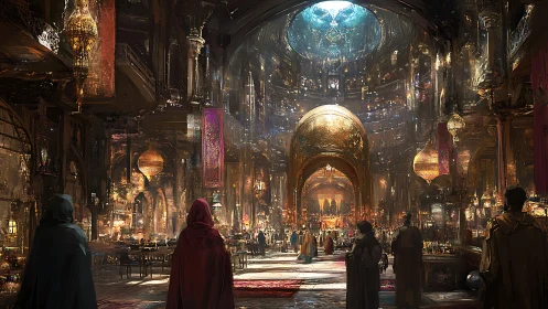 Golden fantasy bazaar shimmers under a vast cathedral dome