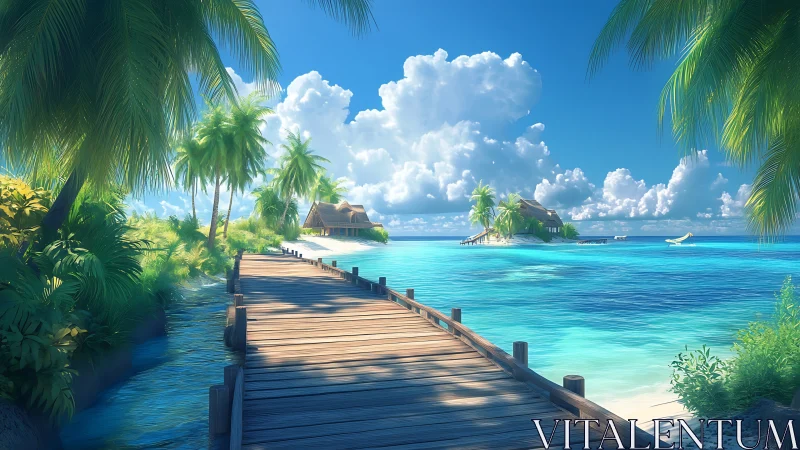 Wooden Boardwalk Extending Toward Palm-Lined Tropical Islands