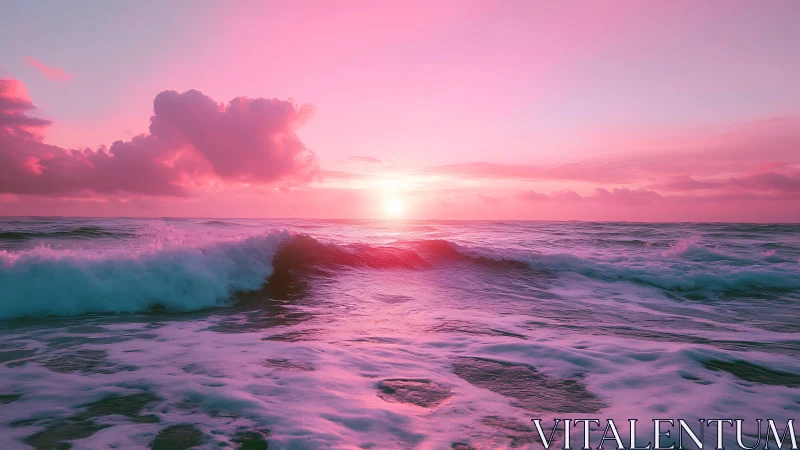 Rose-tinted ocean waves under radiant pastel sunset sky.