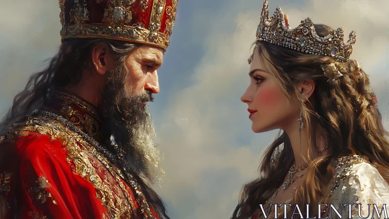 Regal oil portrait of king and queen in profile confrontation.
