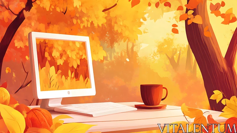 Autumn workspace glows with golden foliage and soft light.
