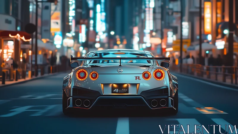 Cyberpunk rear street profile of tuned GT sports coupe at night.