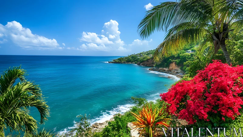 Tropical cliffside cove drenched in turquoise daydream light.