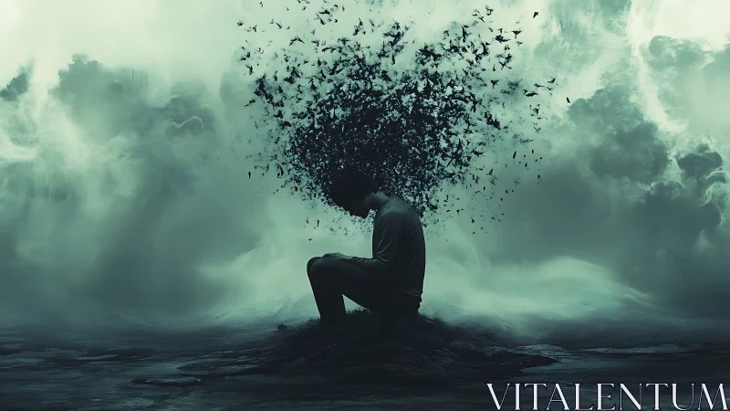 Silhouetted figure dissolving into flocked particles amid storm