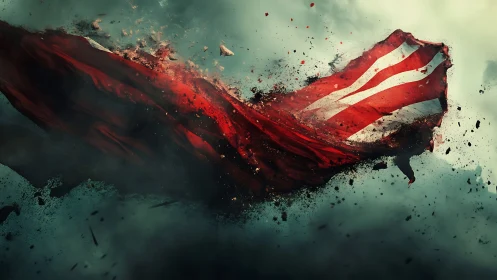 Red striped flag fragment disintegrating in cloudy atmosphere.
