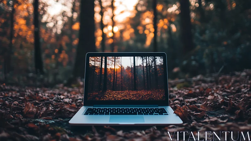 Laptop window opening a quiet autumn forest retreat.