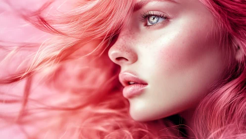 Cotton-candy currents swirl around a freckled digital muse