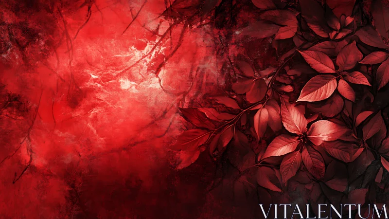 Crimson foliage spreads across textured abstract red mist.