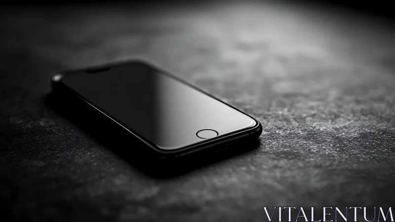 Black smartphone on textured gray surface with shallow depth of field.