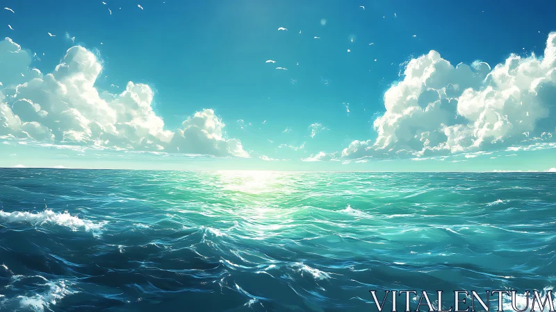 Luminous ocean horizon beneath towering sunlit clouds.