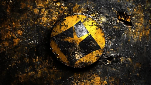 Weathered yellow emblem embedded in gritty textured wall.