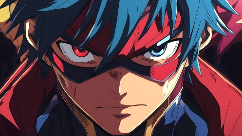 Intense blue haired masked anime hero in close focus.