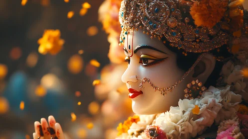 Blossoms circle a jeweled deity face in golden devotion.