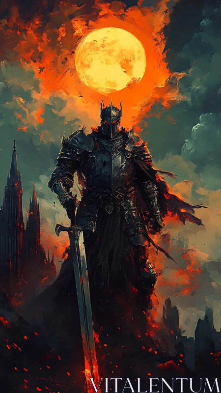 Blood-red moon crowns an ash-draped infernal warlord