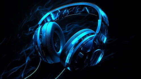 Glowing blue over ear headphones on dark abstract background.