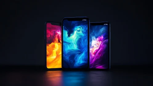 Neon galaxies swirl inside three midnight-bright smartphones