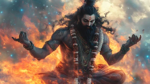 Digital painting of fiery meditative deity in celestial vortex.