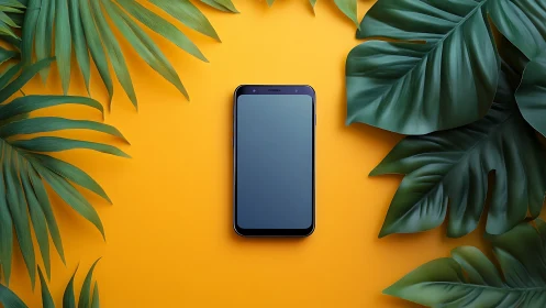 Smartphone Display Surrounded by Tropical Foliage on Yellow Background.