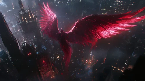 Crimson-winged guardian soars above a glowing cyber city