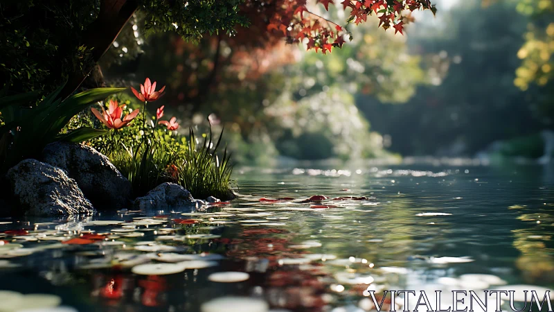 Sunlit pond lilies glow beside tranquil forest water.