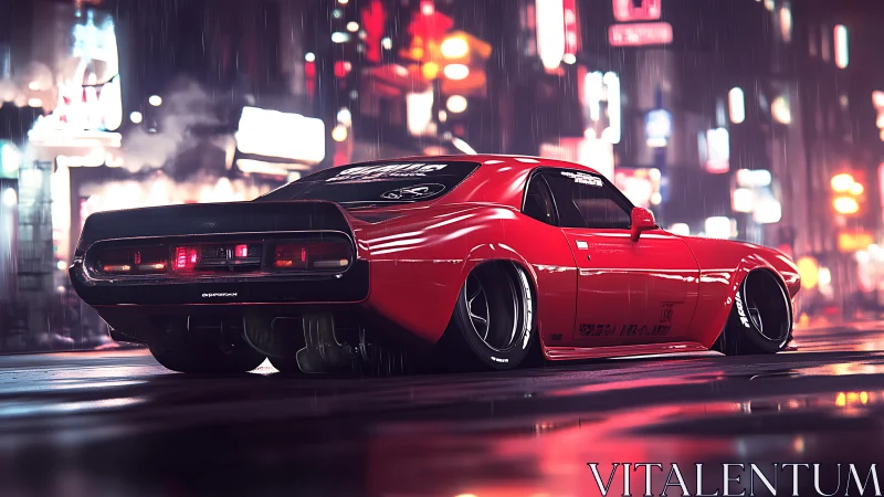 Neon-soaked muscle car prowls through glossy midnight rain.
