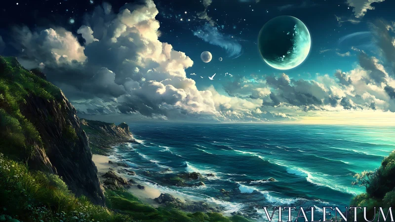 Twin moons rise above emerald alien shoreline seascape.