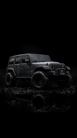 Black off-road SUV stands in wet mud under dark lighting